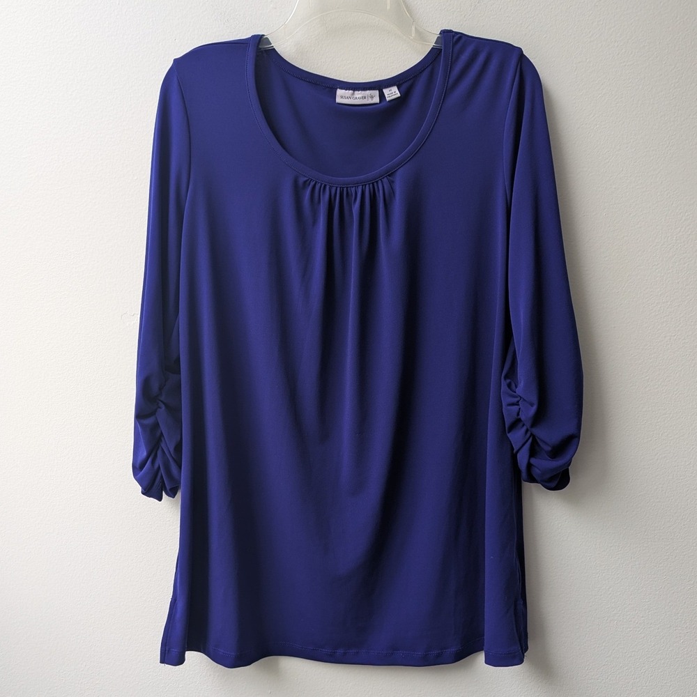 Susan Graver Liquid Knit Blouse Royal Blue Ruched 3/4 Sleeve Top Sz M Elegant